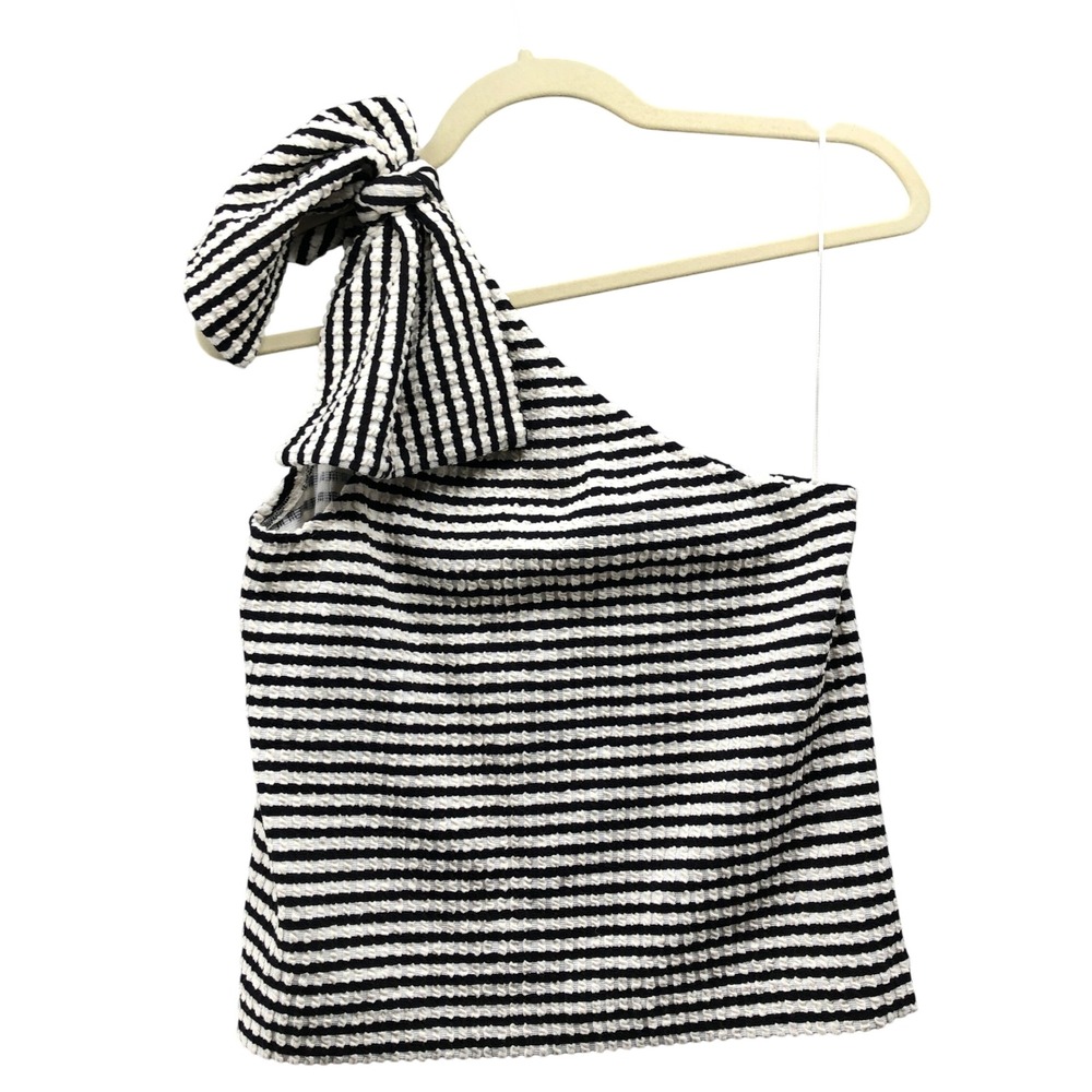 Club Monaco One Shoulder Striped Bow Top Womens XS Black White Crinkle Stretch‎